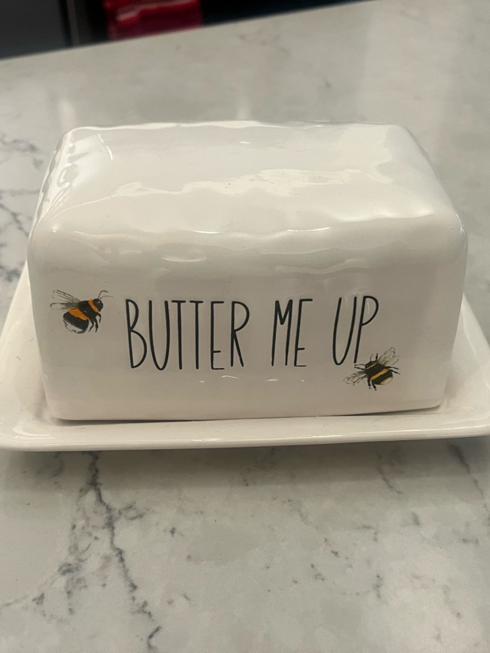 Harvest Green Studio - Bee themed Butter Dish - White Ceramic “Butter Me Up”